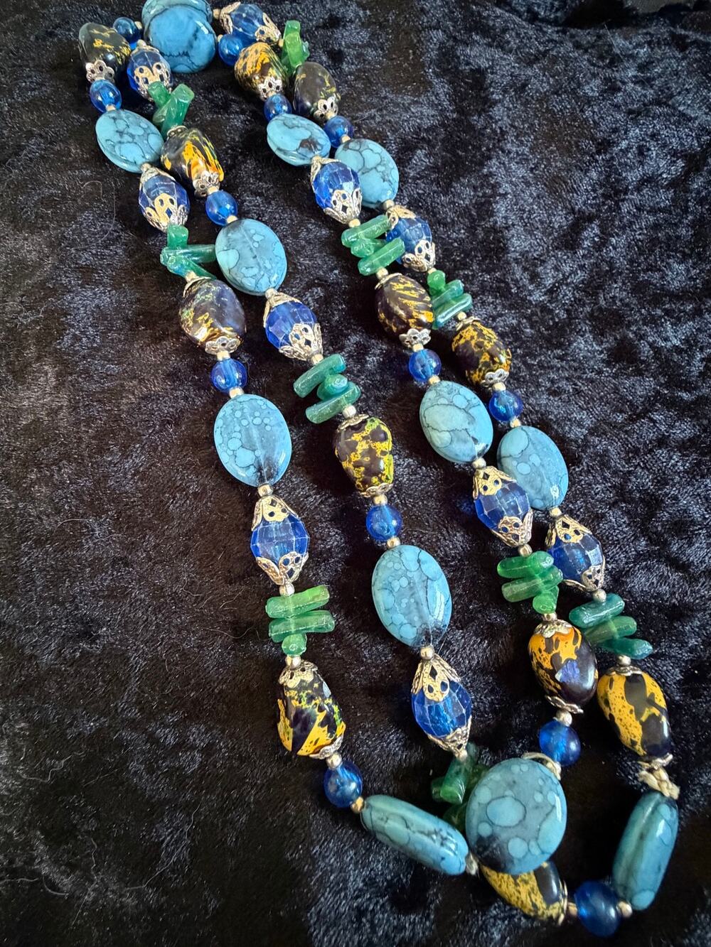 Artisan Turquoise Blue Stone Glass Bead Long Statement Necklace 34”